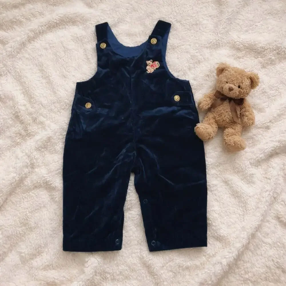 Vintage Baby‎ Velvet Overalls Teddy Bear Made USA 12M Y2K
